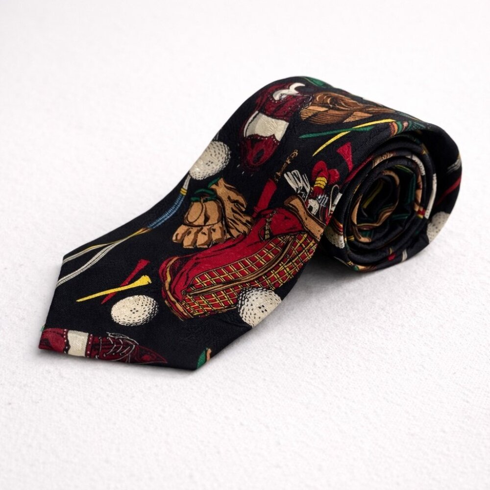 Vintage Golf Theme Silk Tie Black Novelty Golf Clubs Balls Summer Event Funky